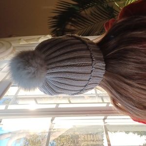 Gray hat with removable rabbit pompom